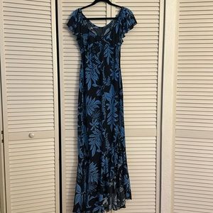 Black and Blue Floral Maxi Dress with Flutter Sleeves